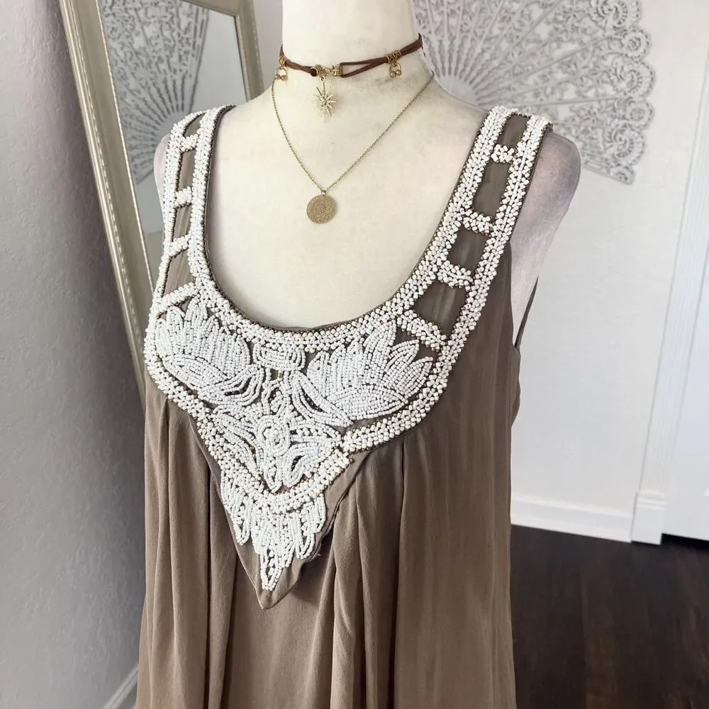 Boston Proper Taupe Silk Beaded Siren Mermaid Babydoll Mini Dress US 6 / S